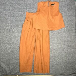 Kourt Womens Linen Blend 2 Piece Set Terracotta Orange Crop Top Wide Leg Pants L